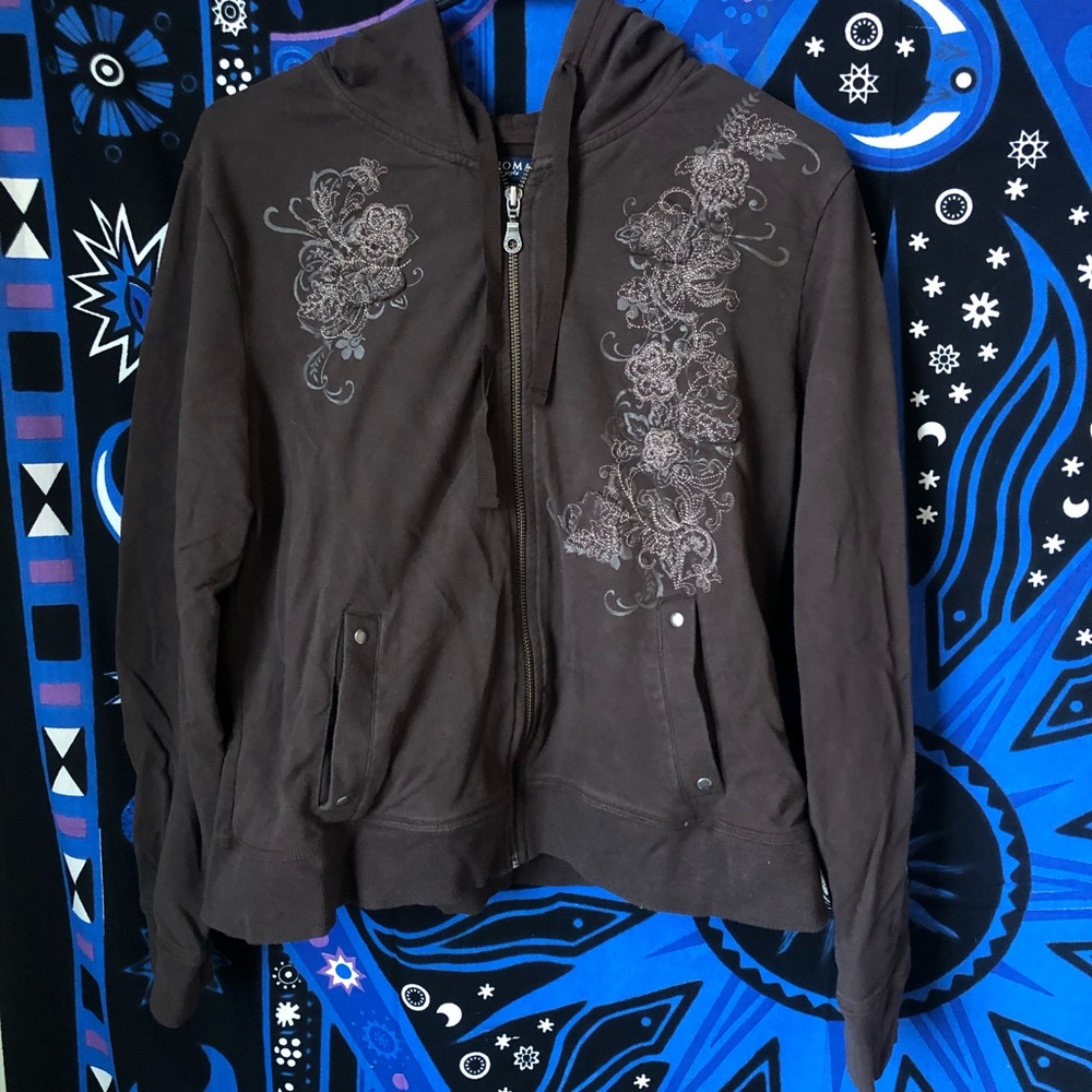 Embroidered Brown Zip Up Sweatshirt